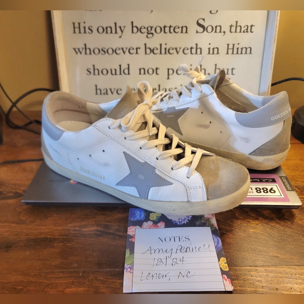 Golden Goose Superstars Size 39 Mixed Leather Neutral Grayish Suede Blue Star